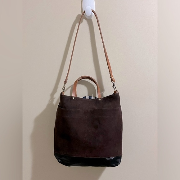 Ali Golden Handbags - Ali Golden Brown Black w/Blue and White Stripe Reversable Crossbody Tote Purse